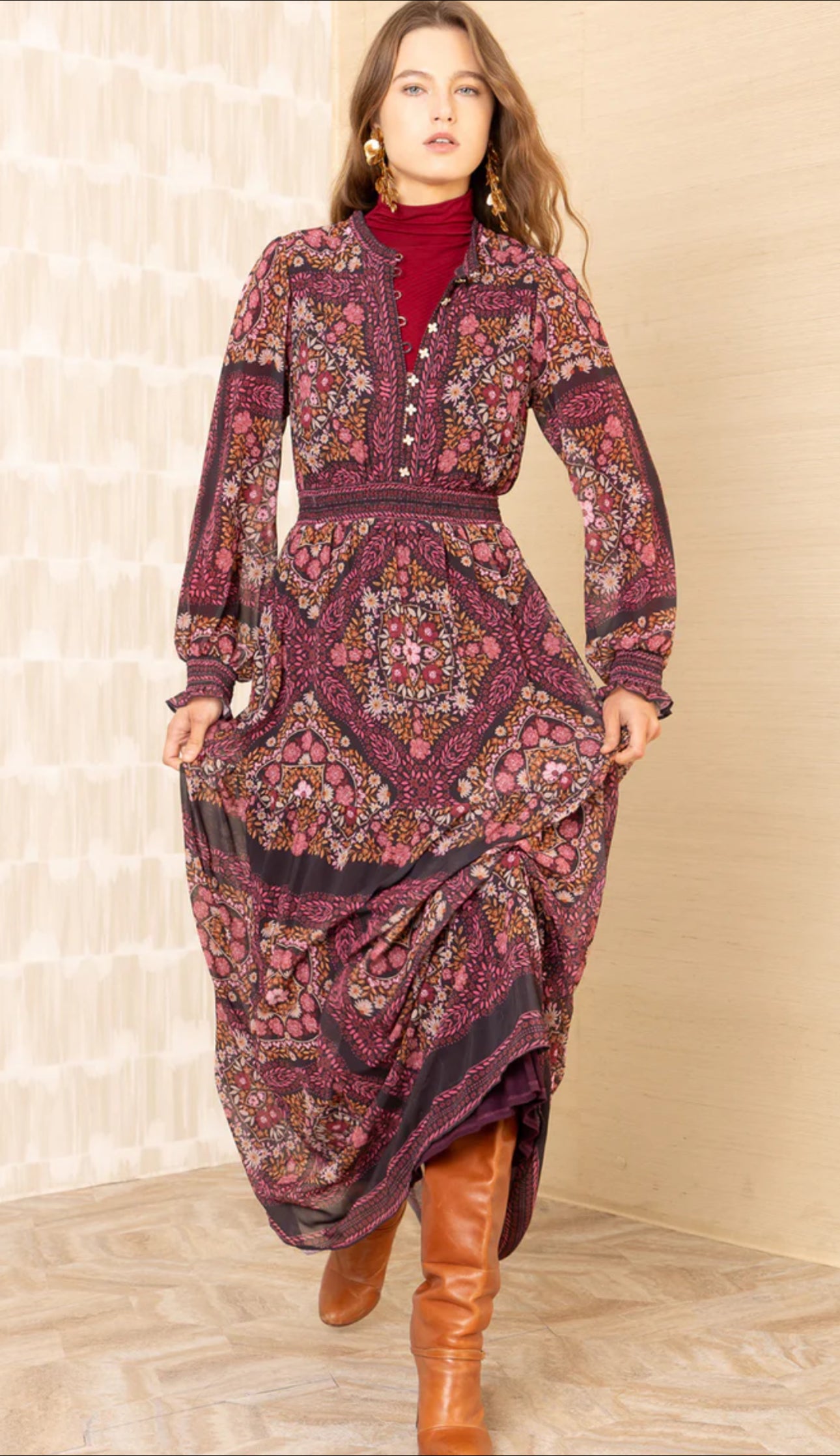 Hale Bob "Marisol" L/S Maxi Dress-Wine