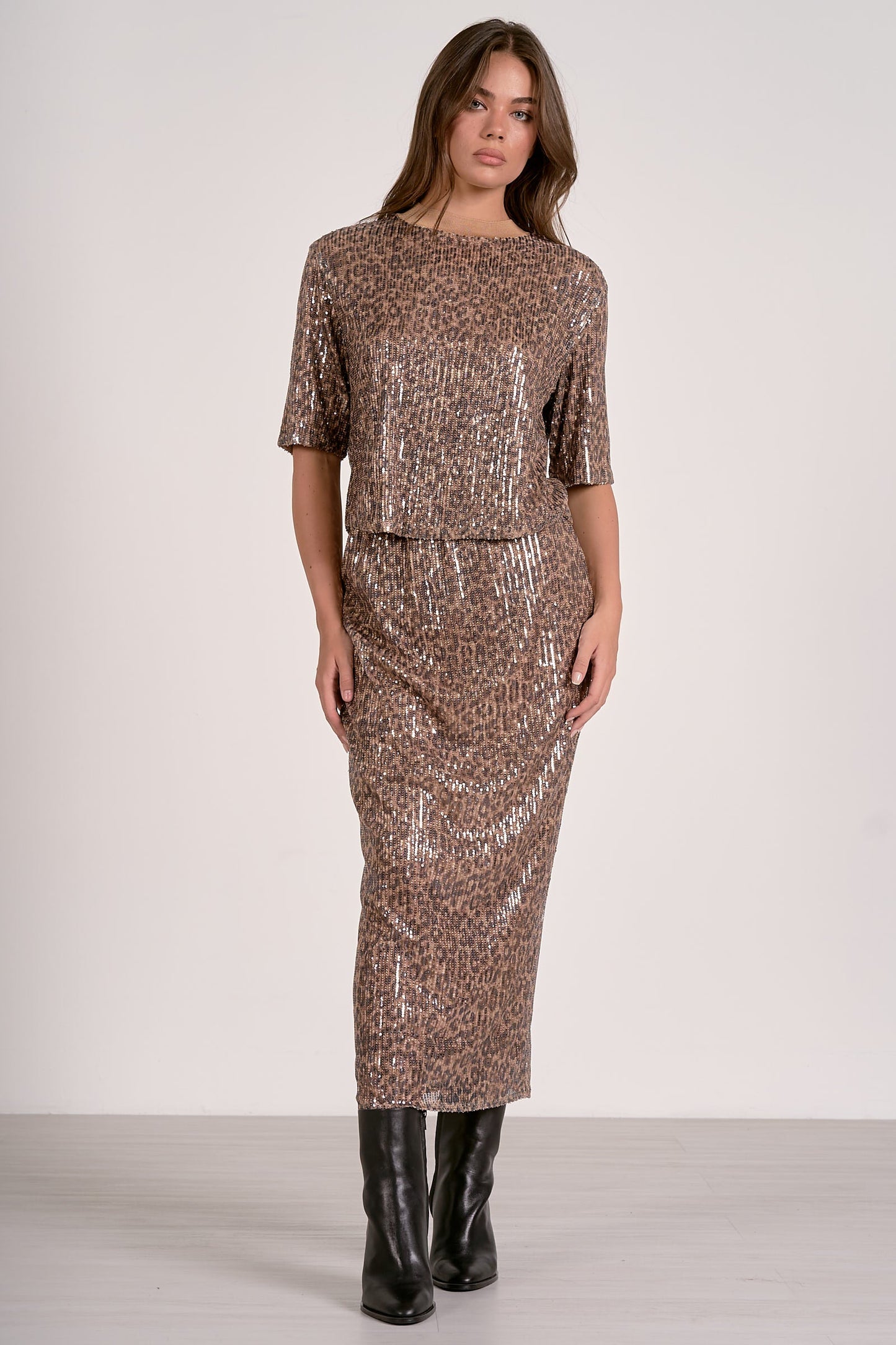 Elan Sequin Crewneck Top-Cheetah