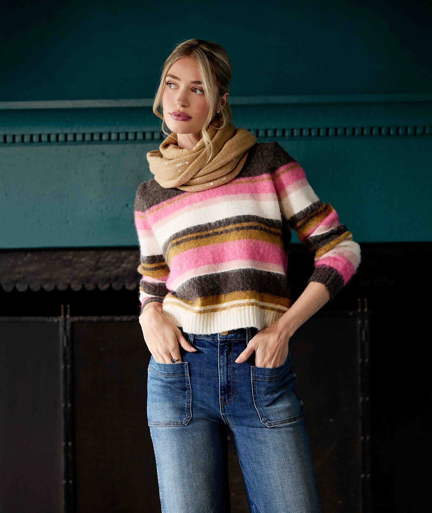 Kut from the Kloth "Elvira" Striped Pulloever Sweater-Brown/Pink