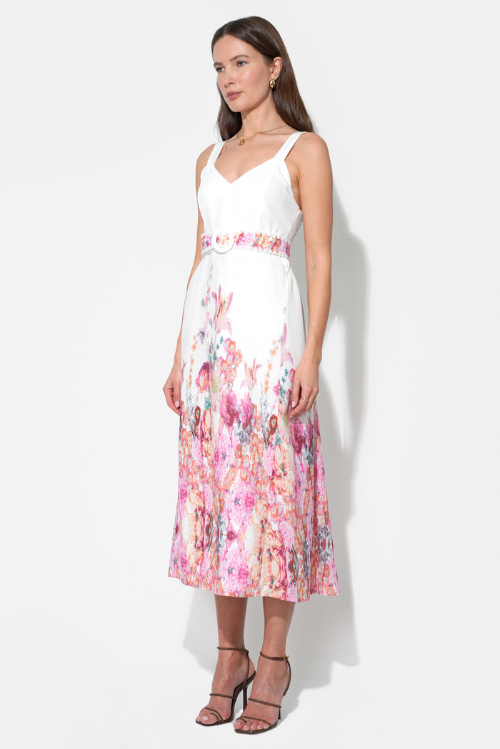 Adelyn Rae "Remi" V-Neck Floral Placement Midi Dress-White/Magenta