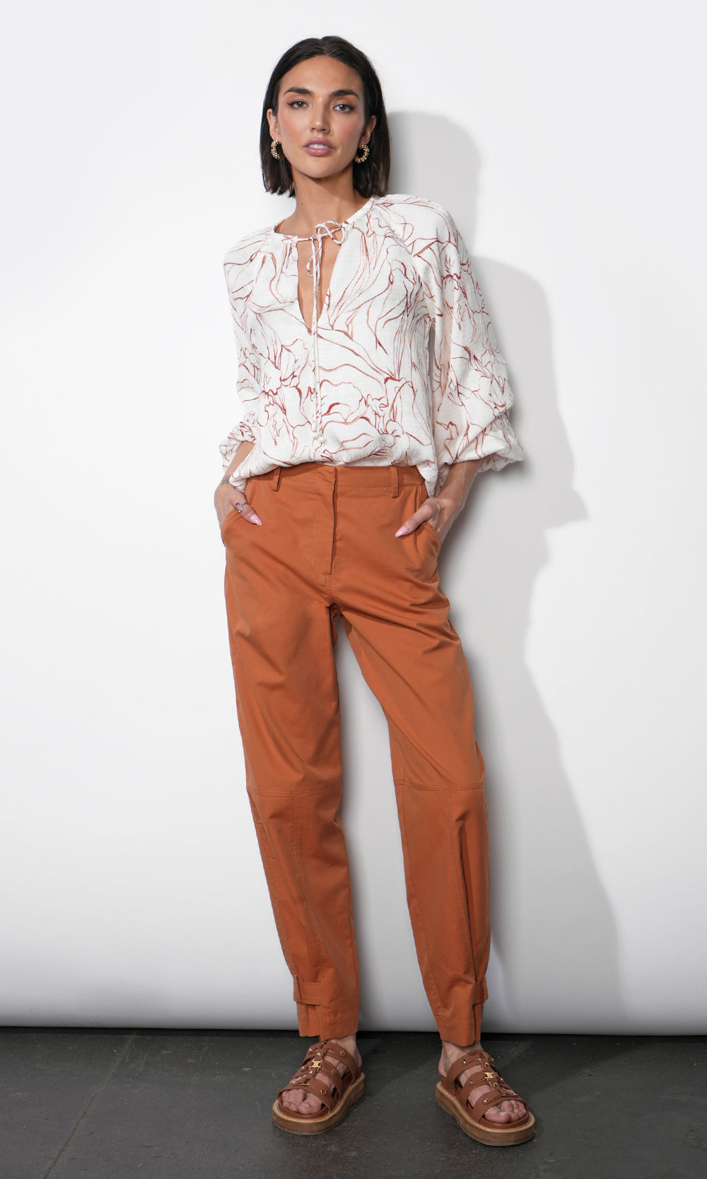 Greylin "Penelope" Bubble Sleeve Tie Neck Blouse-Ivory/Clay