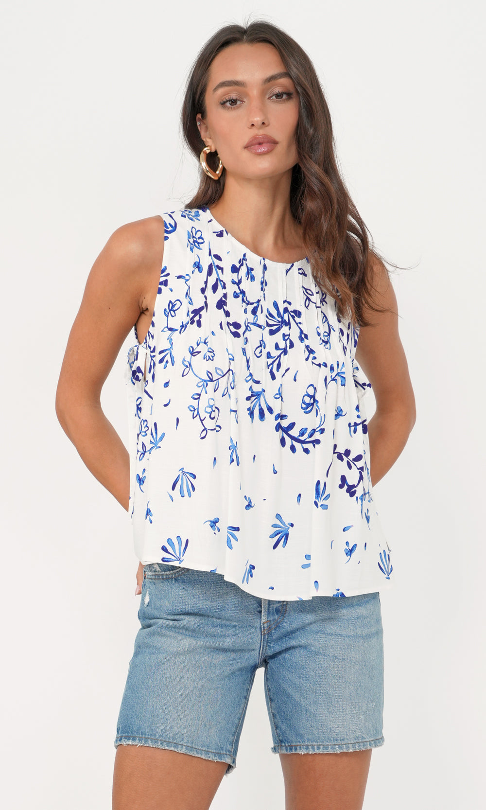 Greylin “Kalis” Pintucked Swing Top-Cobalt/White