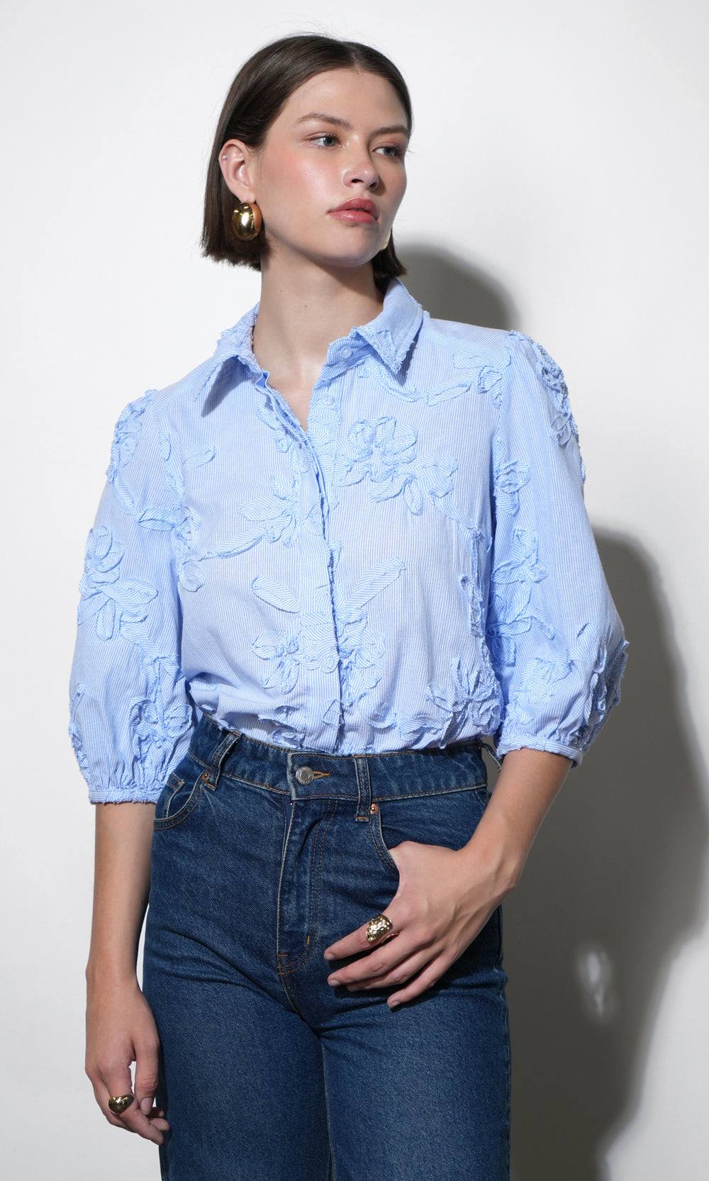 Greylin "Eleanor" Stripe Puff Sleeve Blouse-Light Blue