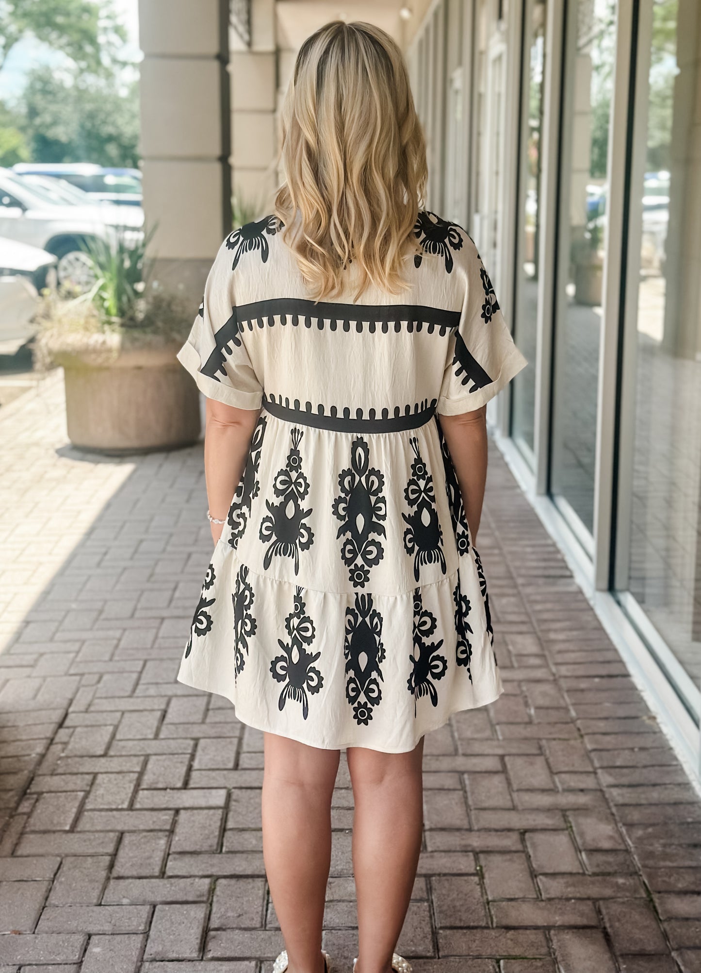 KLd "Angelina" VNeck Embroidered Trim Dress-Black/White