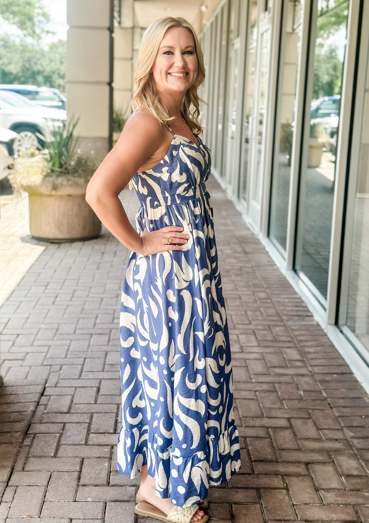 KLd "Martina" Smocked Back Long Dress-Blue