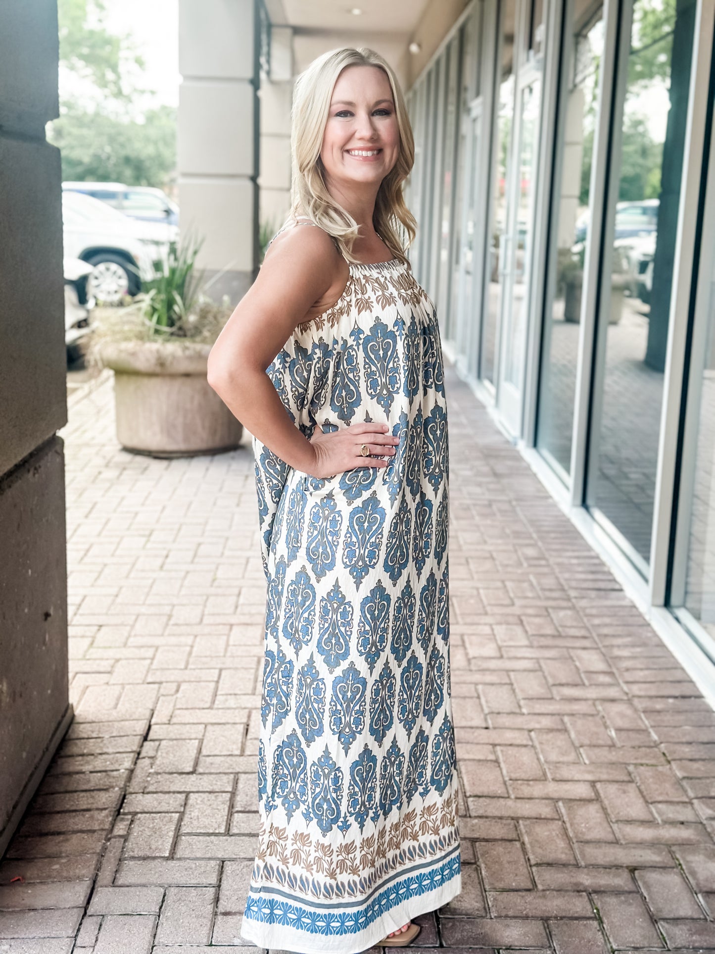 KLd "Silas" Border Print Maxi Dress-Blue/Tan