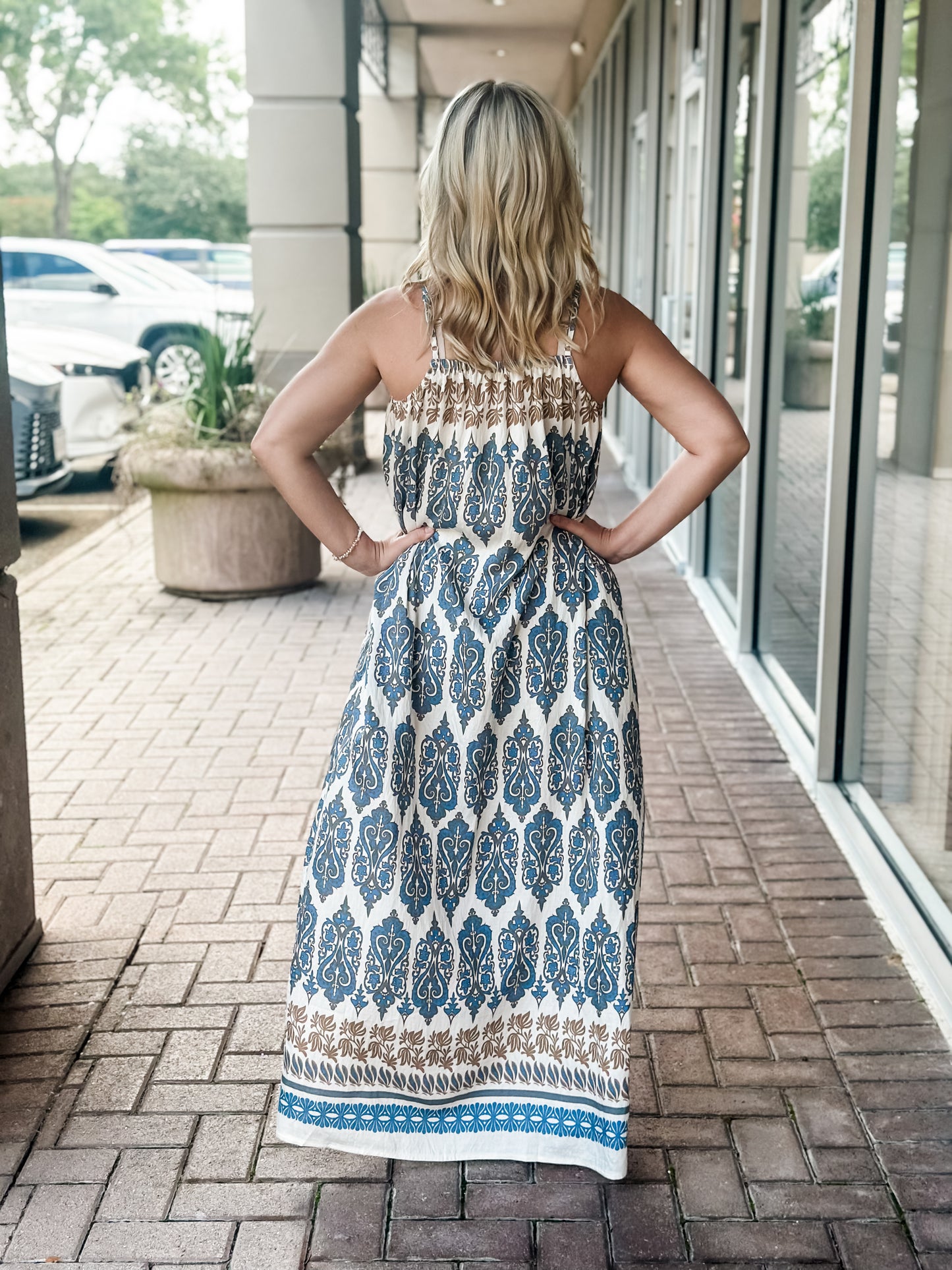 KLd "Silas" Border Print Maxi Dress-Blue/Tan