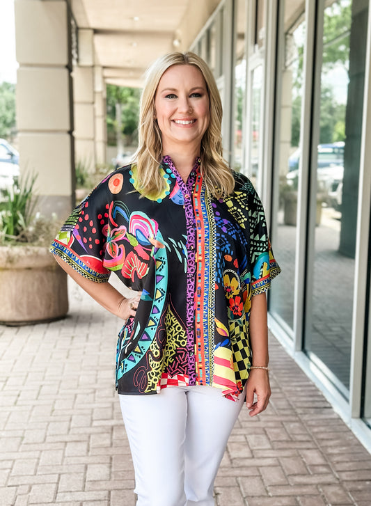 Johnny Was Audrey Short Sleeve Mandarin Collar Blouse-Jenny Black Ground