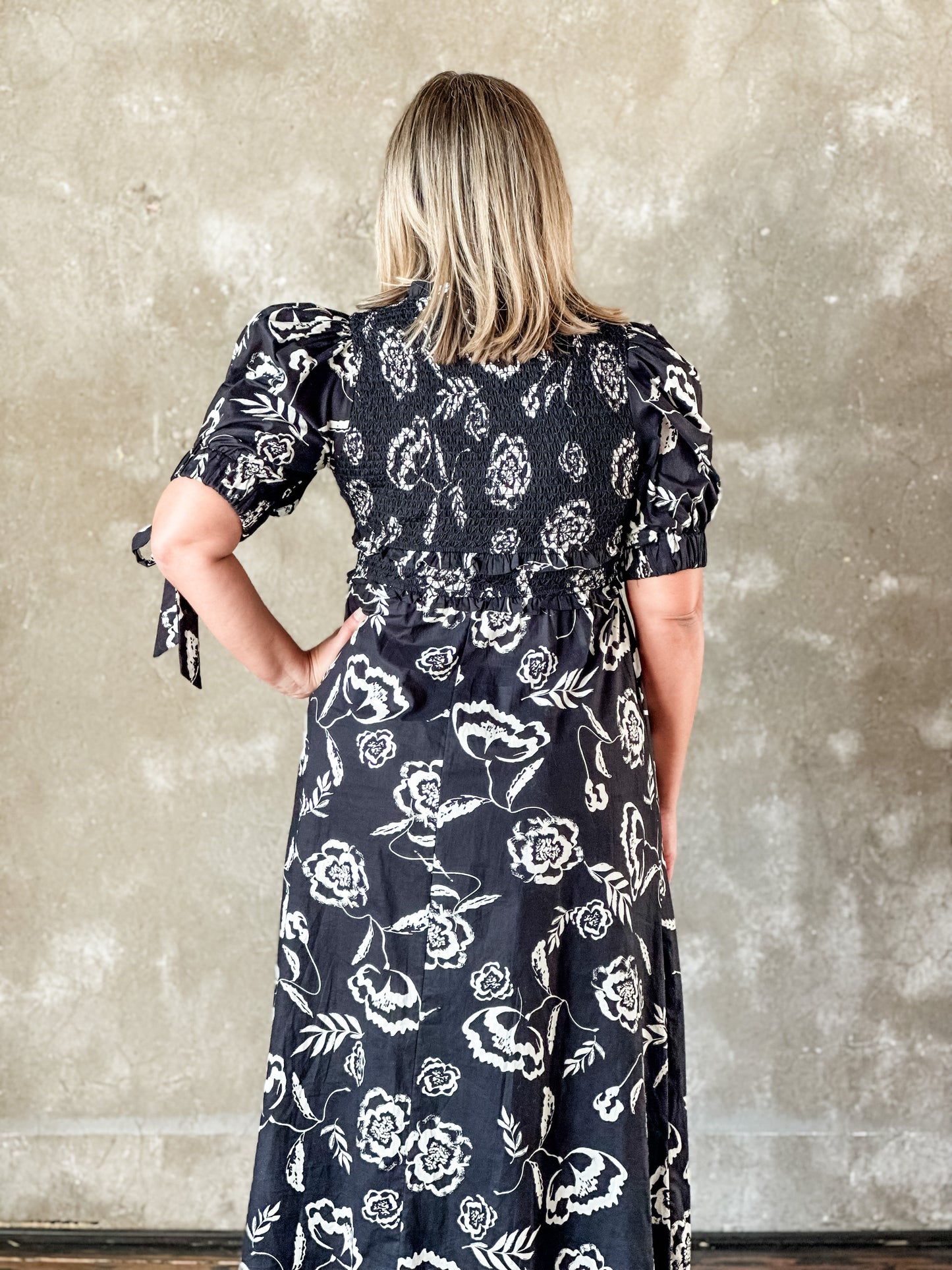 Sofie the Label "Billie" Floral Smocked Midi Dress-Black