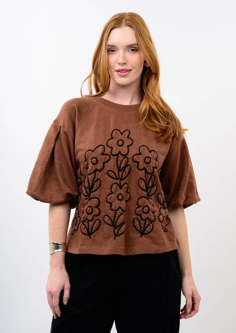 Ivy Jane French Terry Crewneck w/Floral Embroidery-Chocolate