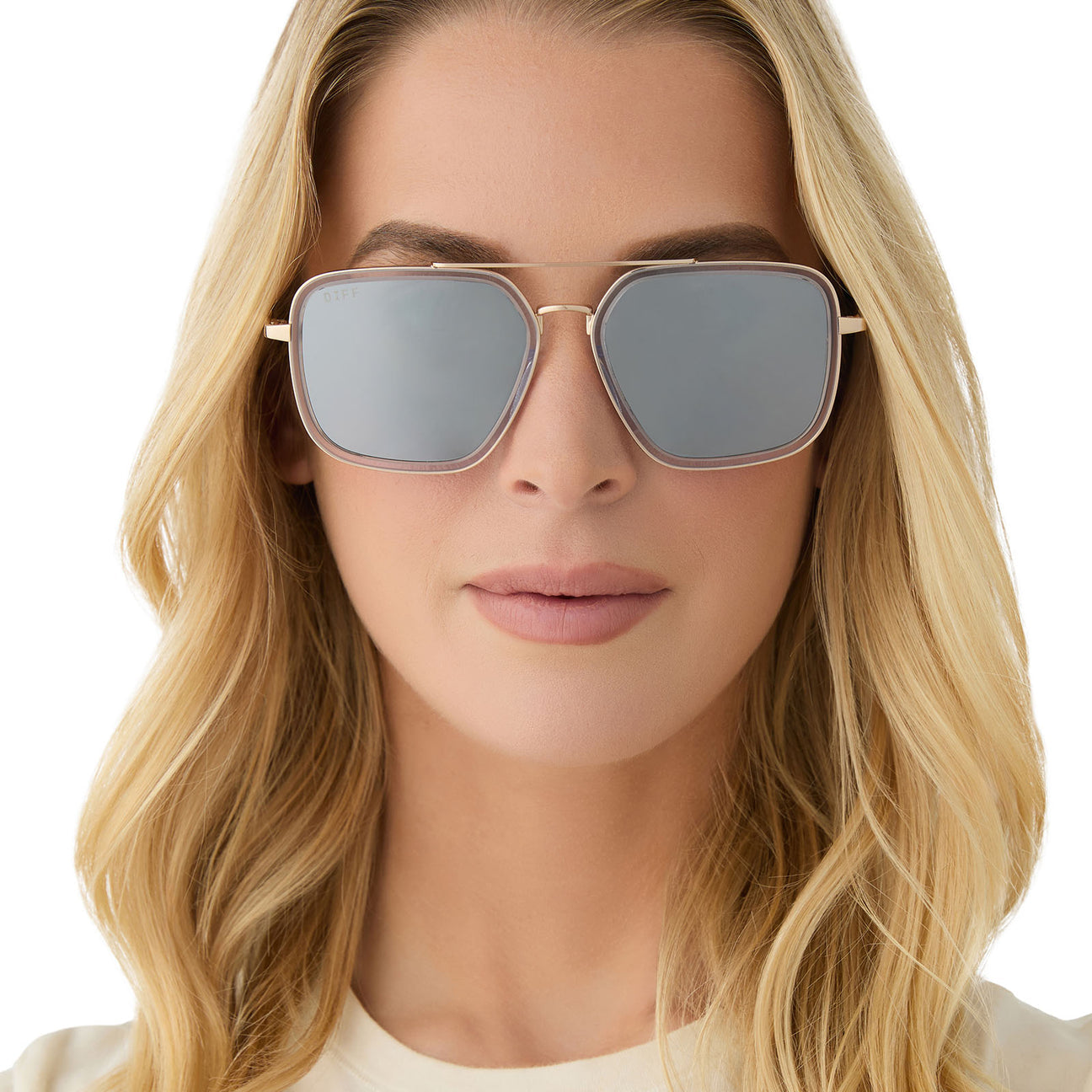 Diff Eyewear “Jordan” Gold Clear Crystal Temple Tips + Silver Mirror