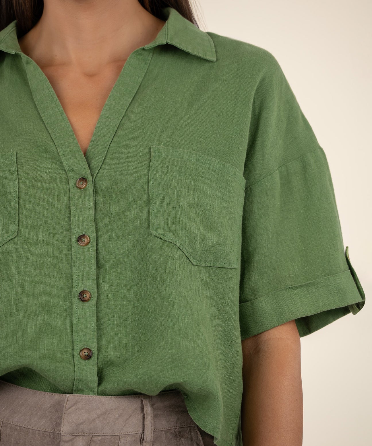 Kut from the Kloth "Breland" Boxy Button Front Shirt-Green