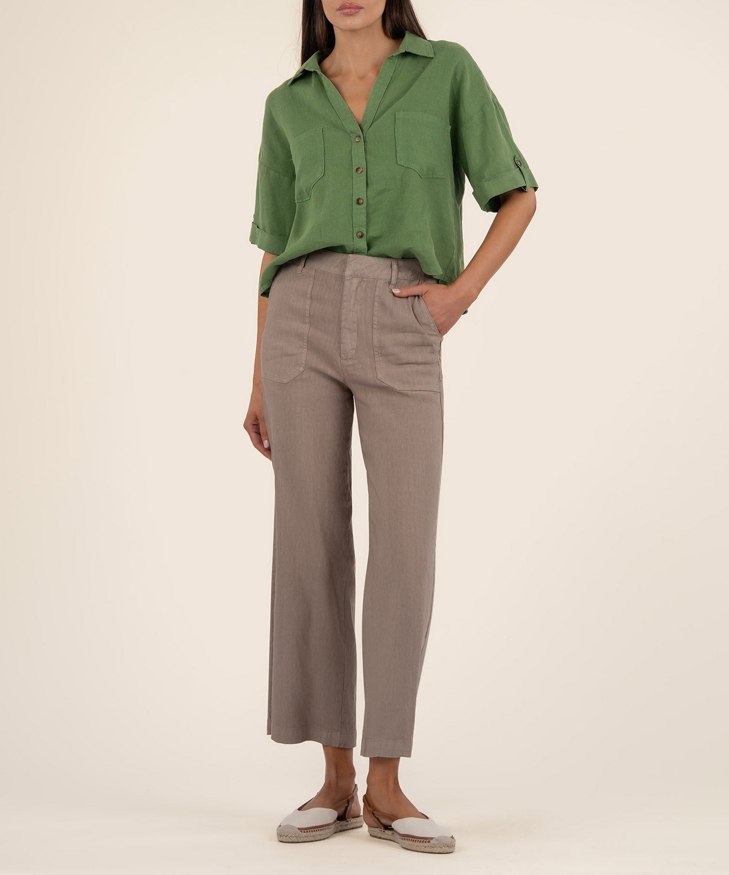Kut from the Kloth "Breland" Boxy Button Front Shirt-Green