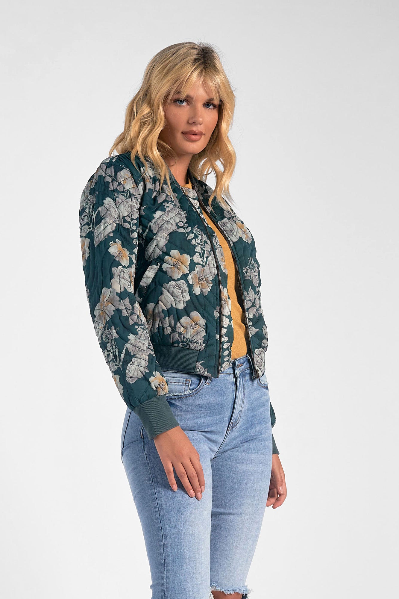 Elan Quilted Bomber Jacket-Green Floral