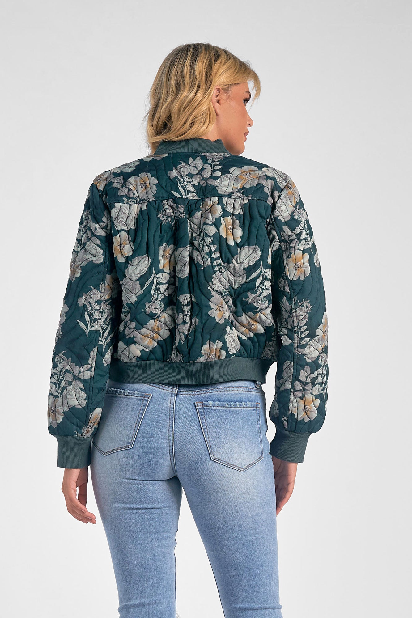 Elan Quilted Bomber Jacket-Green Floral