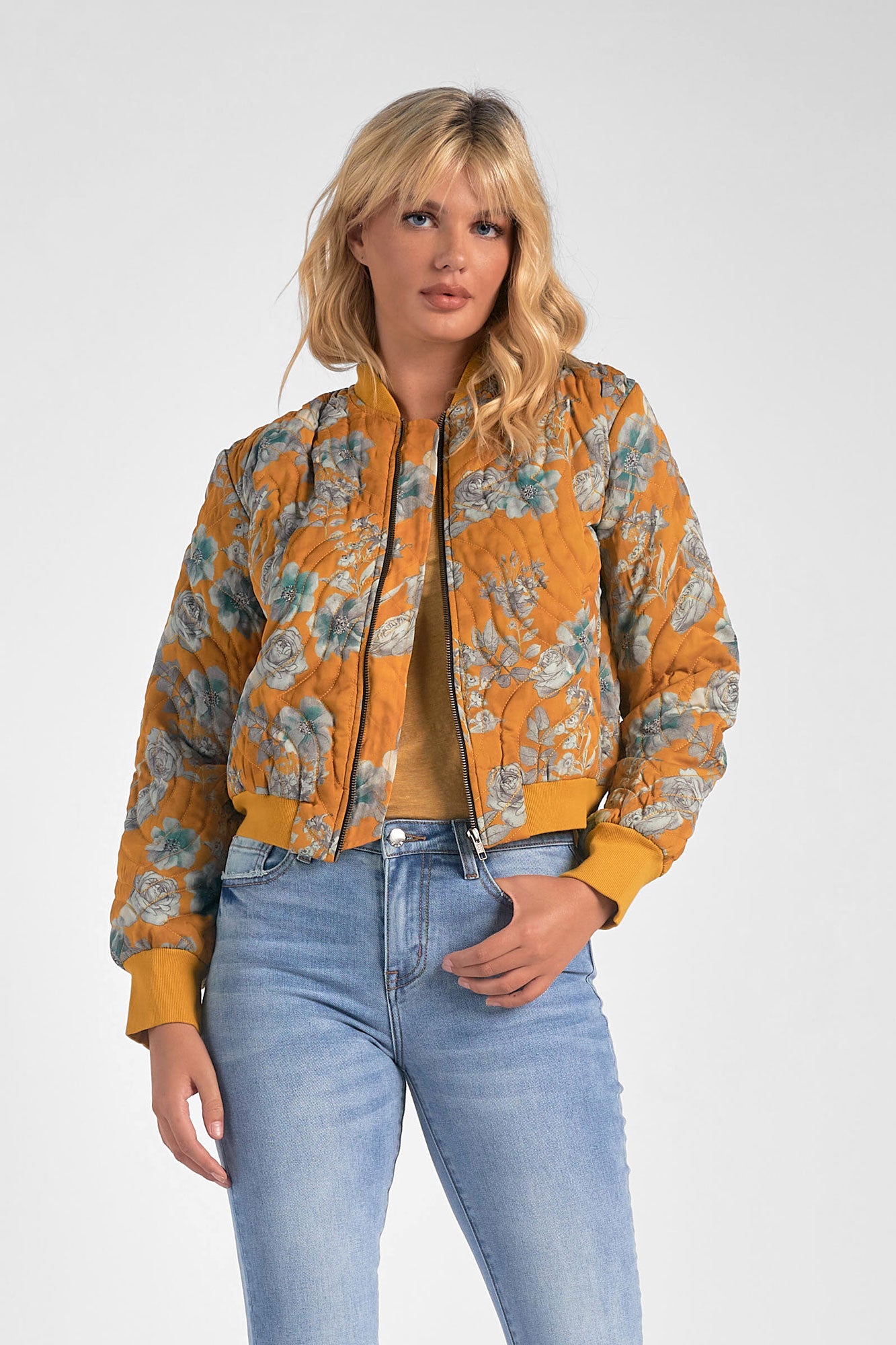 Elan Quilted Bomber Jacket-Gold Floral