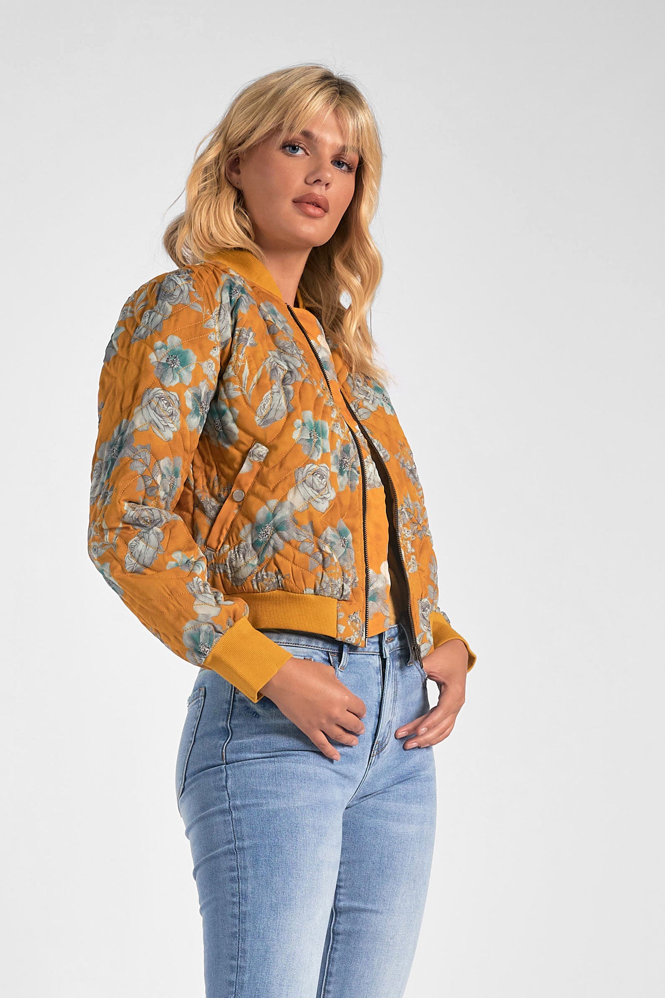 Elan Quilted Bomber Jacket-Gold Floral