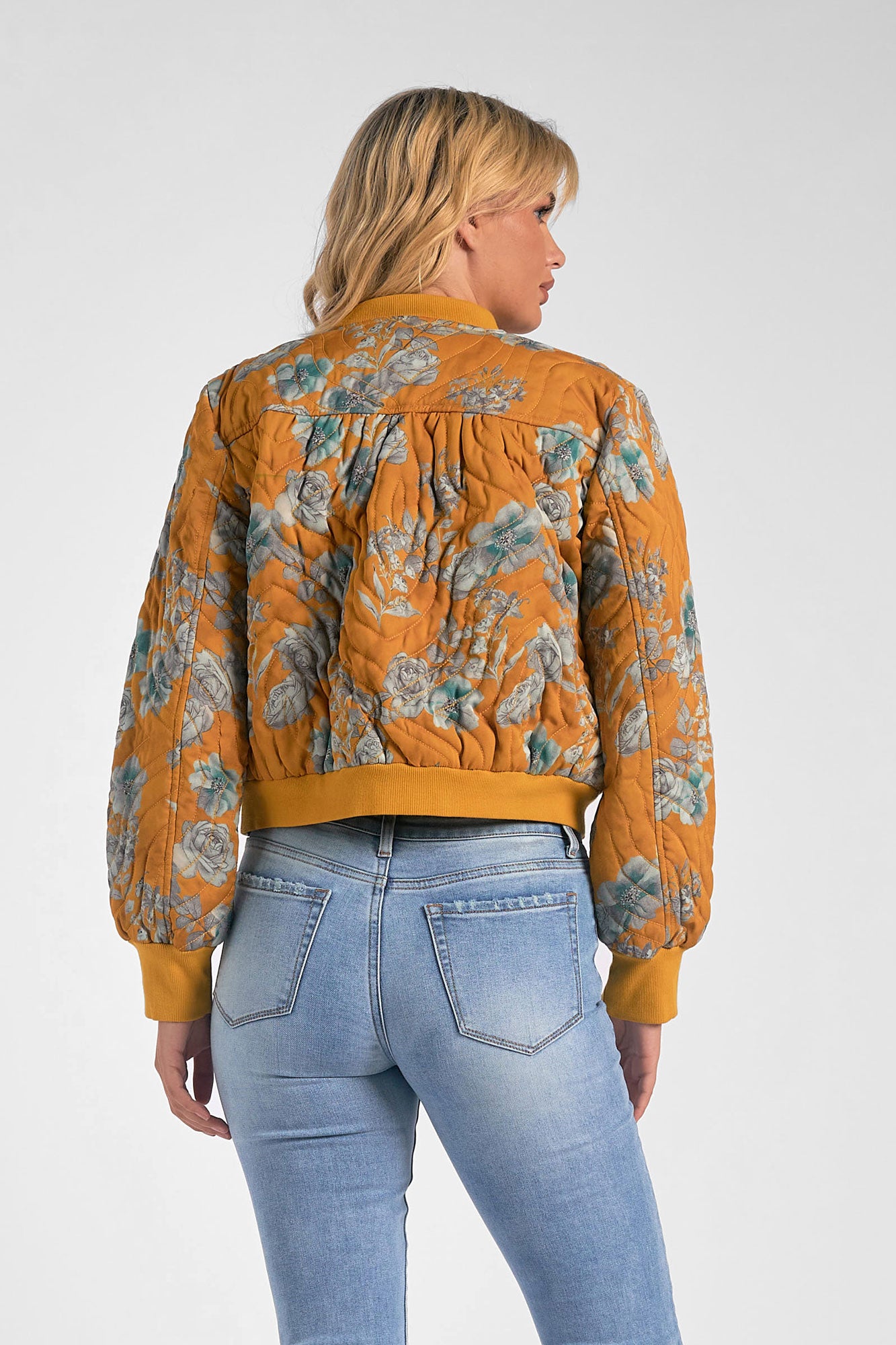Elan Quilted Bomber Jacket-Gold Floral