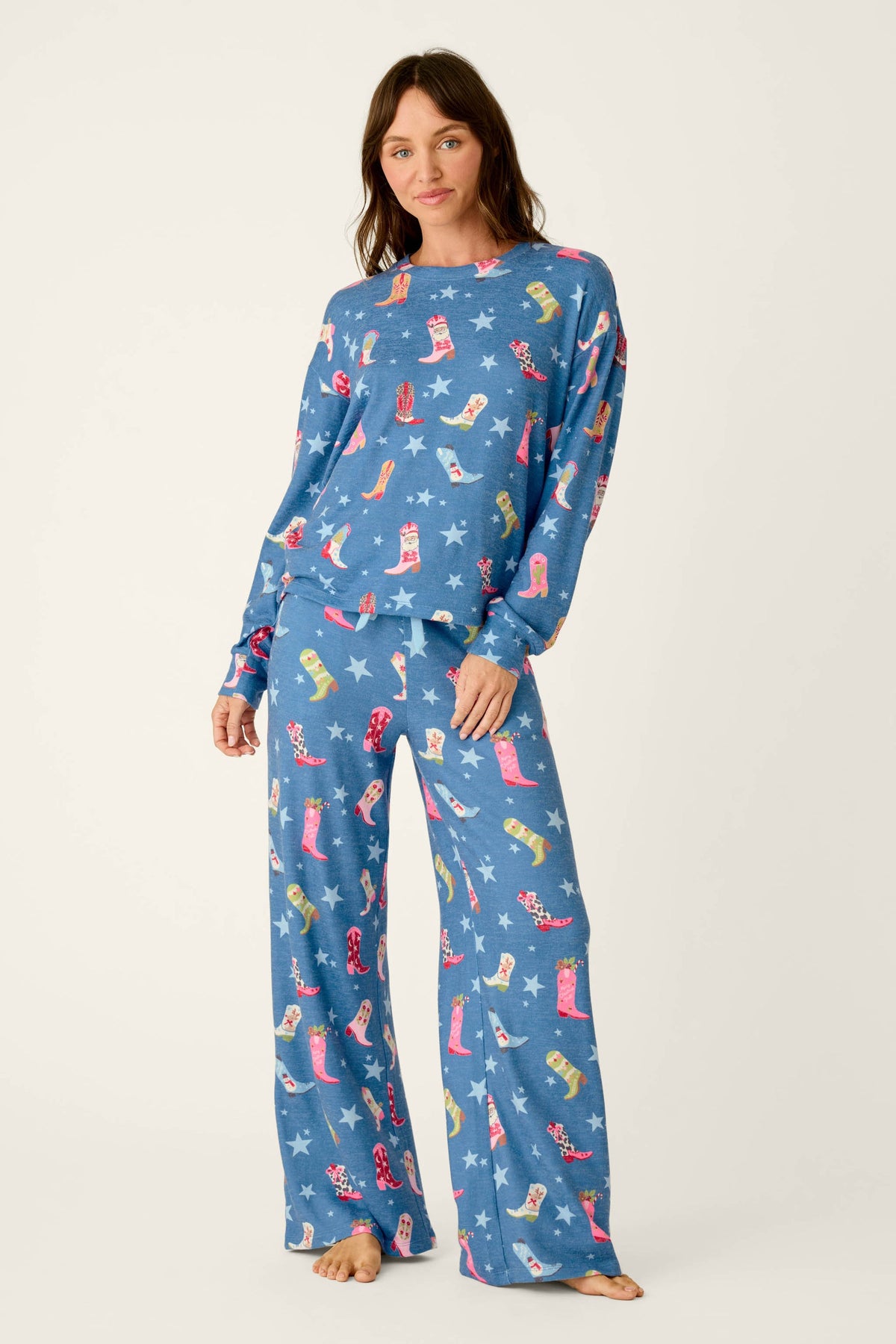 PJ Salvage "Howdy Holidays" L/S Pajama Top-Cowboy Boots & Star Print