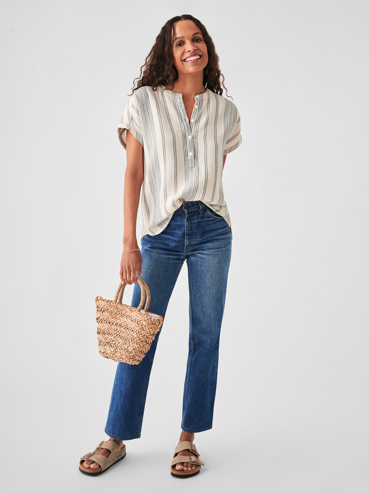 Faherty Dream Cotton Gauze Desmond Top-Cream Tidal Wave Dobby