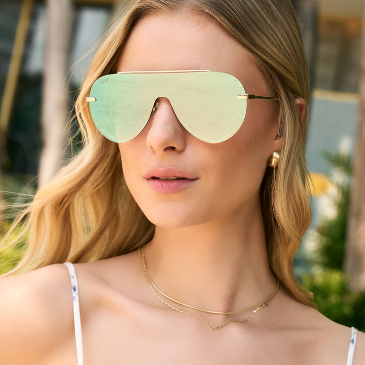 Diff Eyewear “Imani” Gold Cool Matcha Mirror Sunglasses