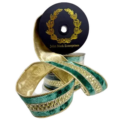John Mark Enterprises Ribbon- Green Velvet Jeweled Center Trim
