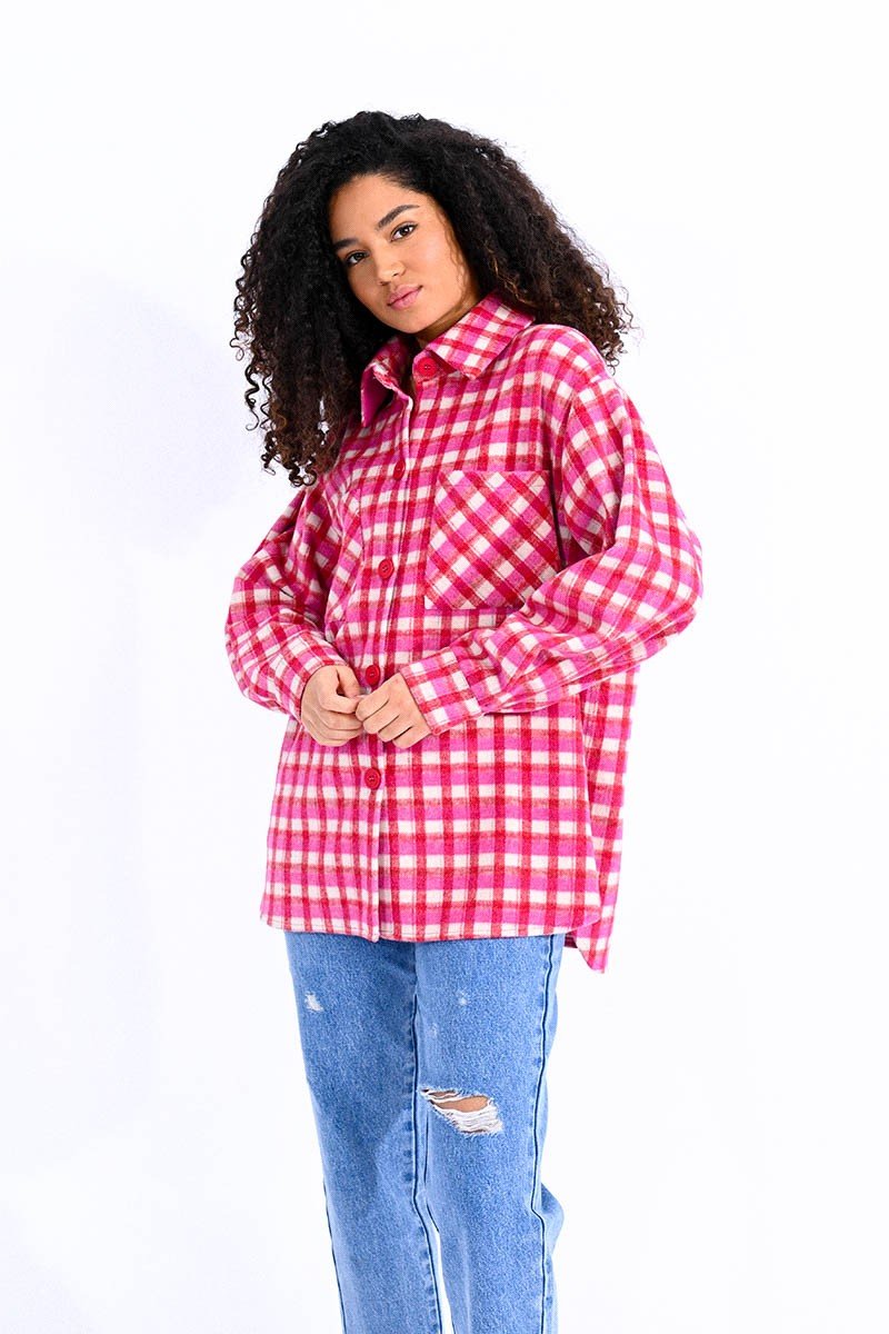 Lili Sidonio Boyfriend Shacket-Red/Pink/Ivory