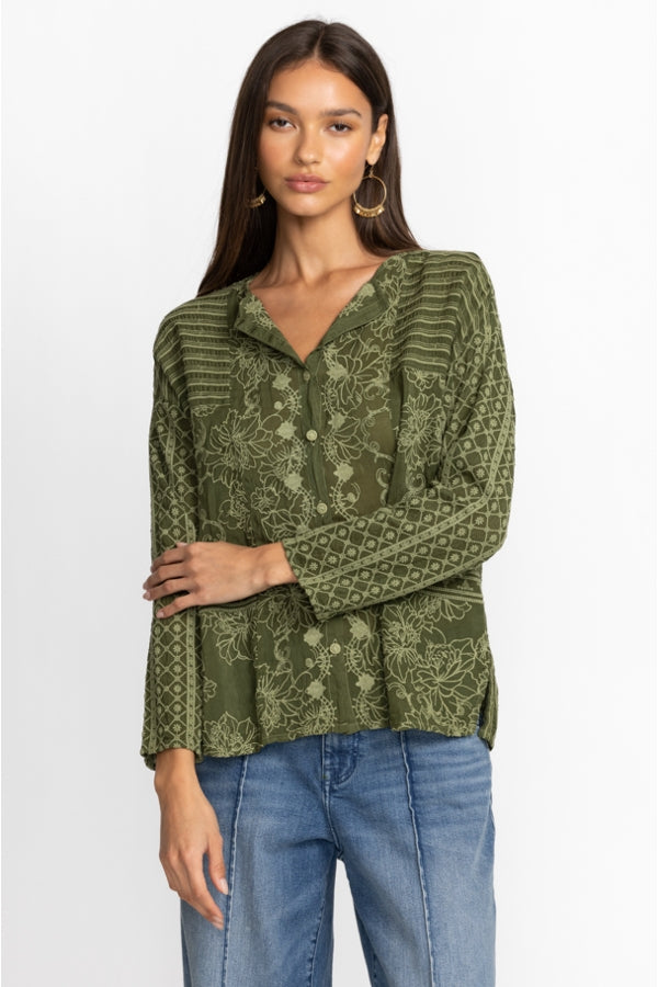 Johnny Was Martin Retreat Button Down Blouse-Dark Army