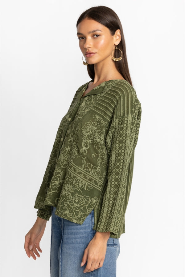 Johnny Was Martin Retreat Button Down Blouse-Dark Army
