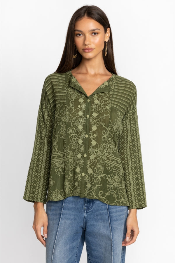 Johnny Was Martin Retreat Button Down Blouse-Dark Army