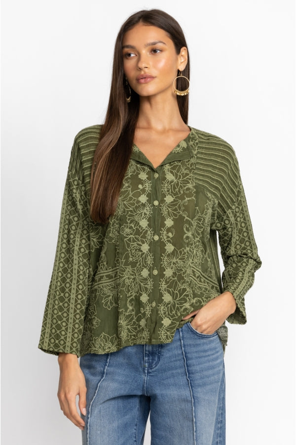 Johnny Was Martin Retreat Button Down Blouse-Dark Army
