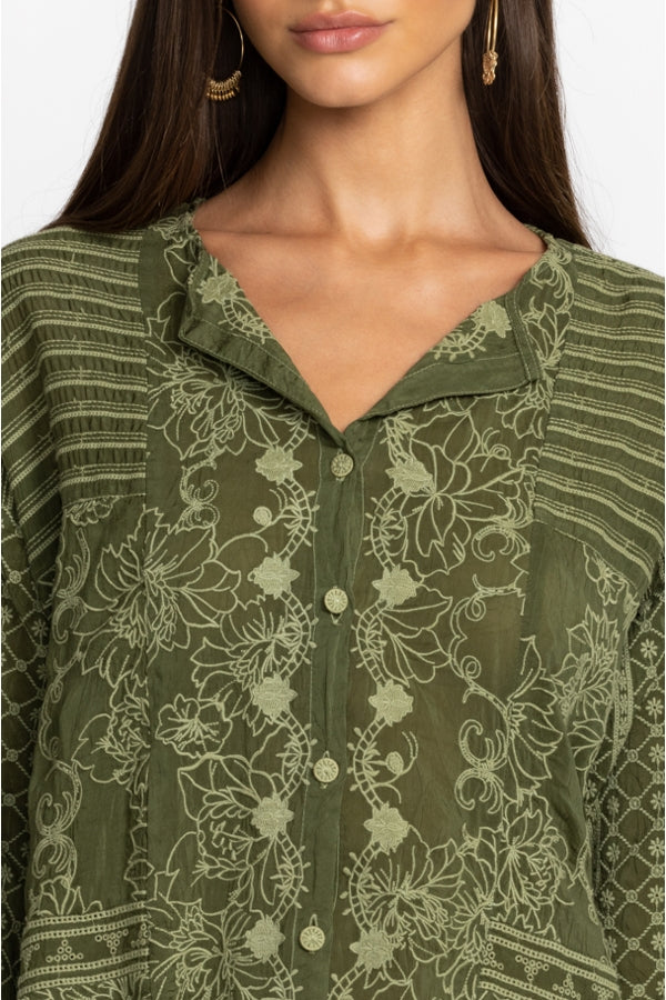 Johnny Was Martin Retreat Button Down Blouse-Dark Army