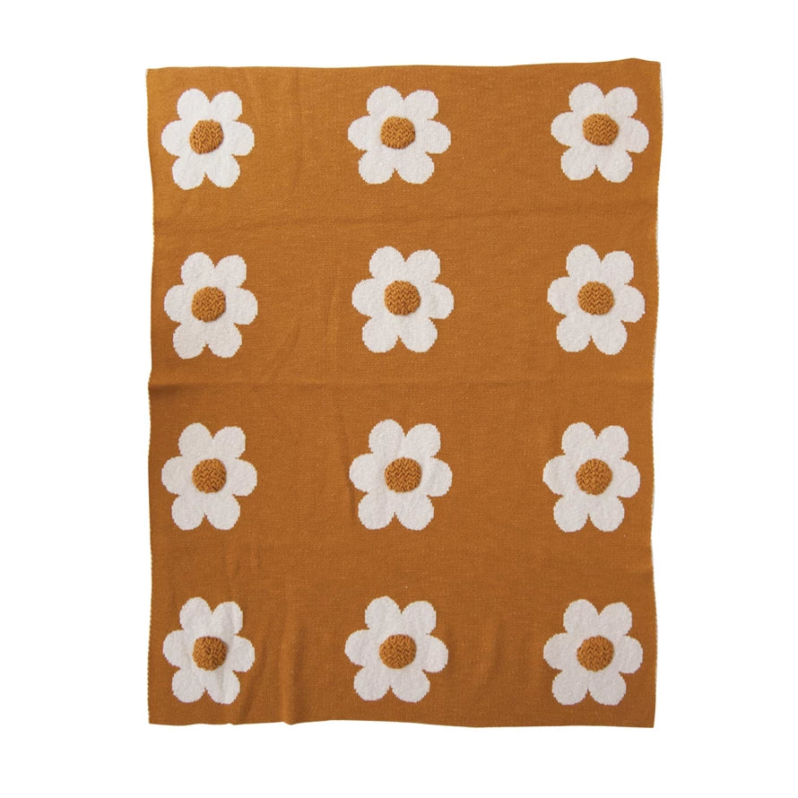 Cotton Knit Chenille Baby Blanket-Mustard/Flowers