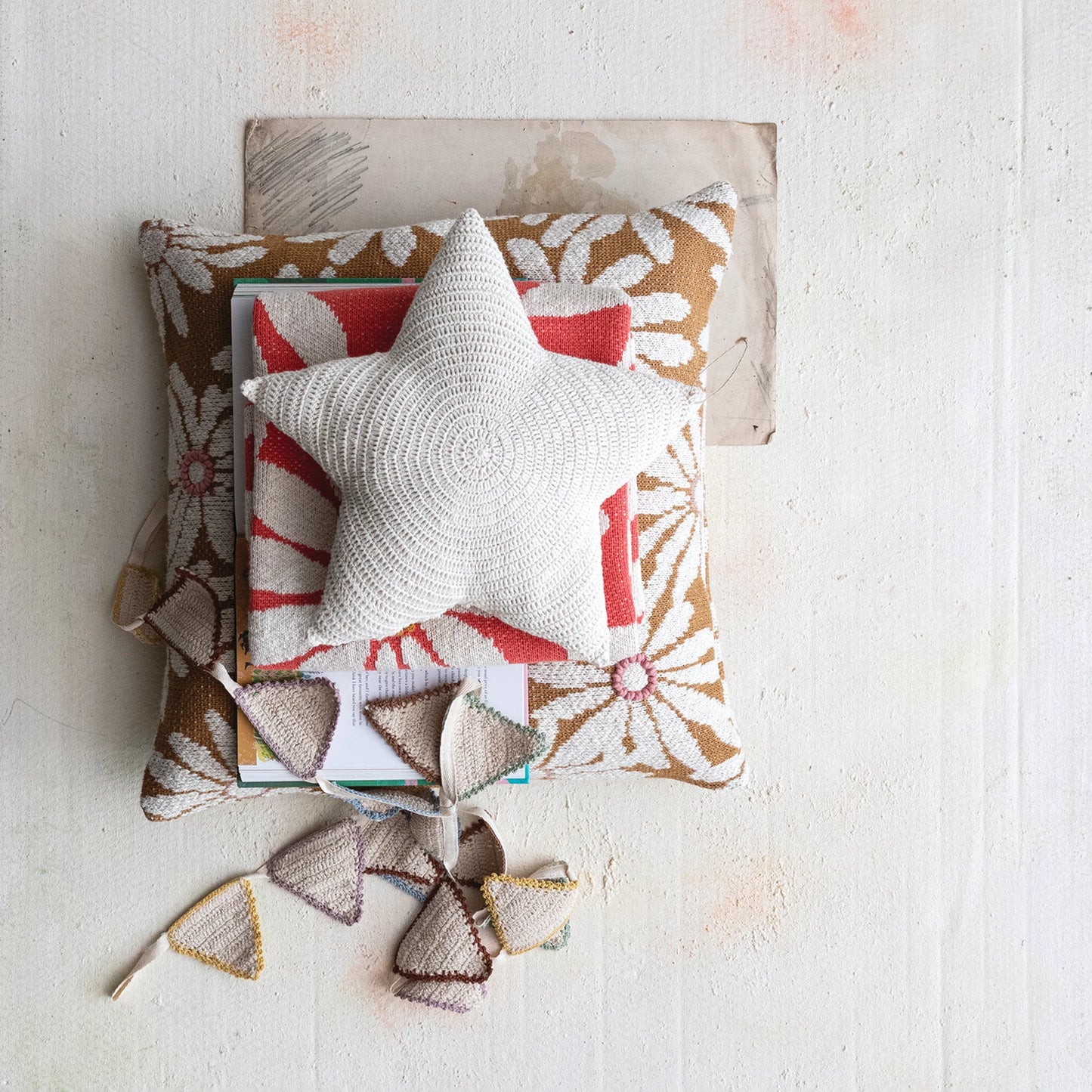 Recycled Cotton Crocheted Star Shaped Pillow-Cream