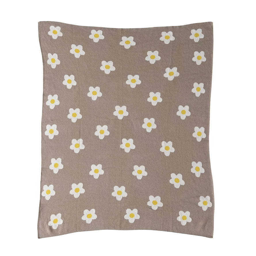 Cotton Knit Chenille Baby Blanket-Taupe/Flowers