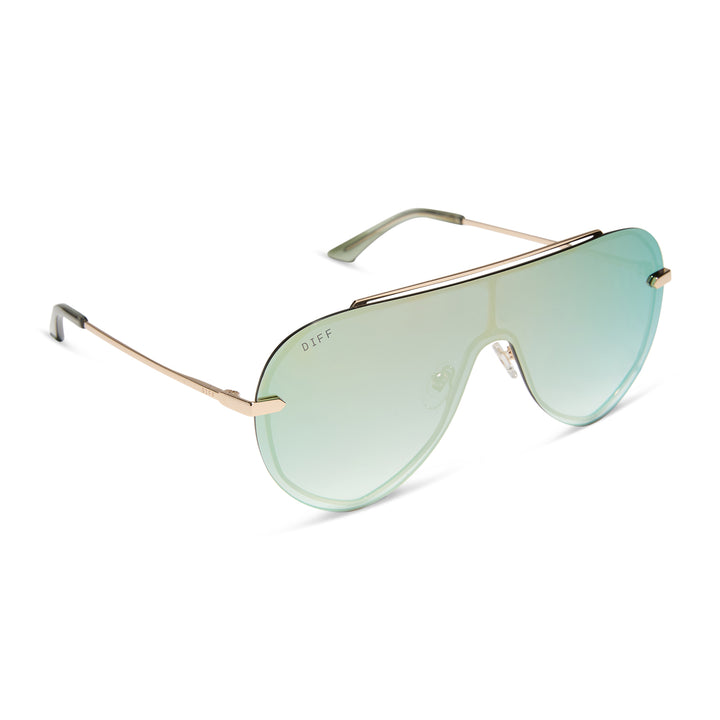 Diff Eyewear “Imani” Gold Cool Matcha Mirror Sunglasses