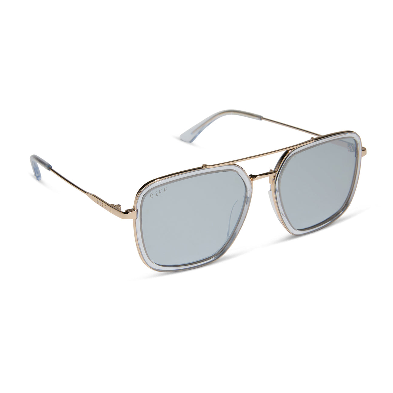 Diff Eyewear “Jordan” Gold Clear Crystal Temple Tips + Silver Mirror