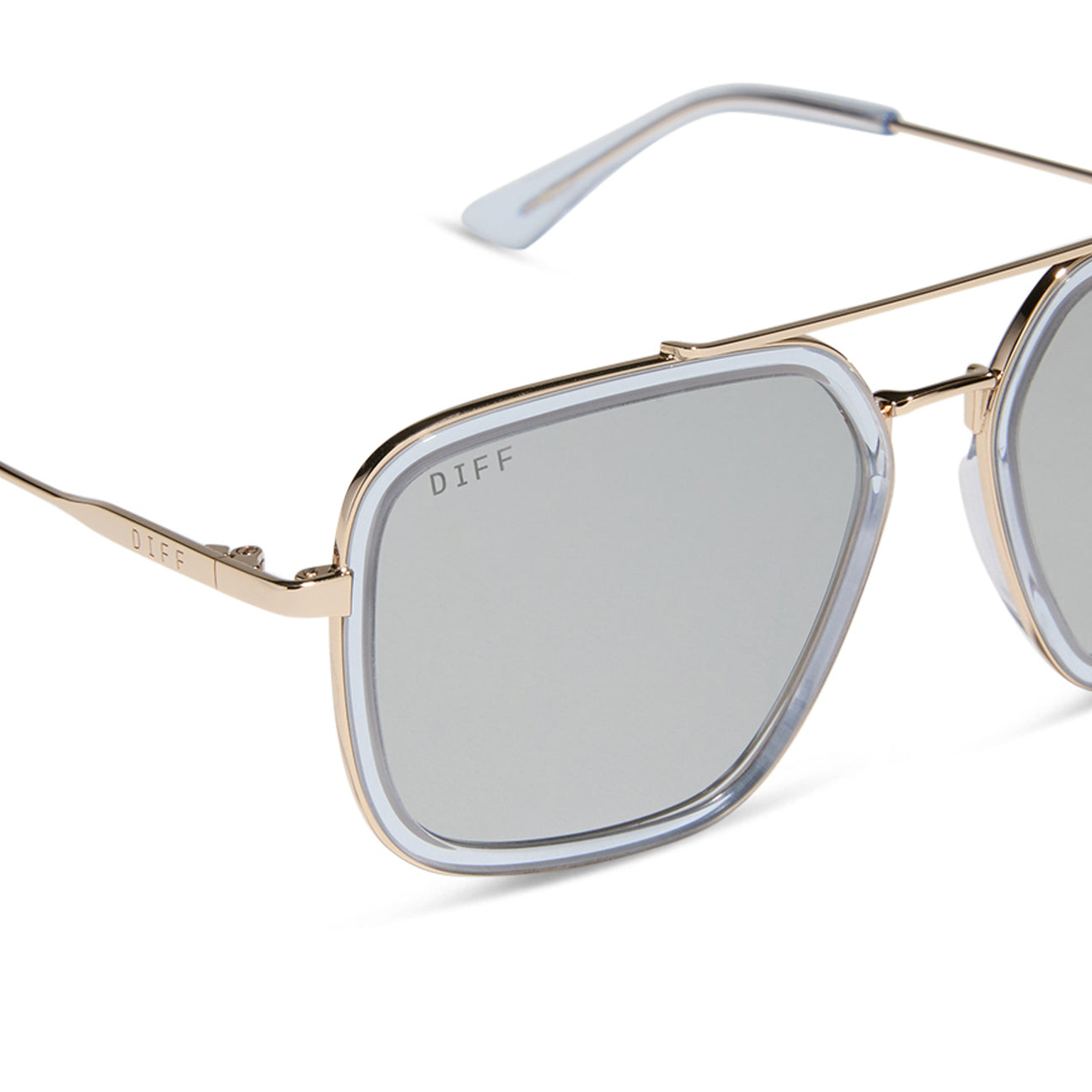 Diff Eyewear “Jordan” Gold Clear Crystal Temple Tips + Silver Mirror