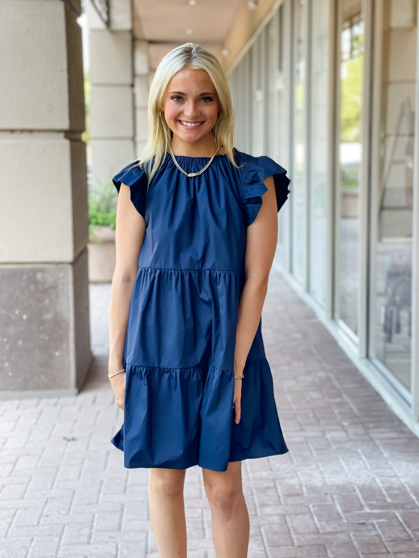 Aureum Mavis Flutter Sleeve Dress-Navy