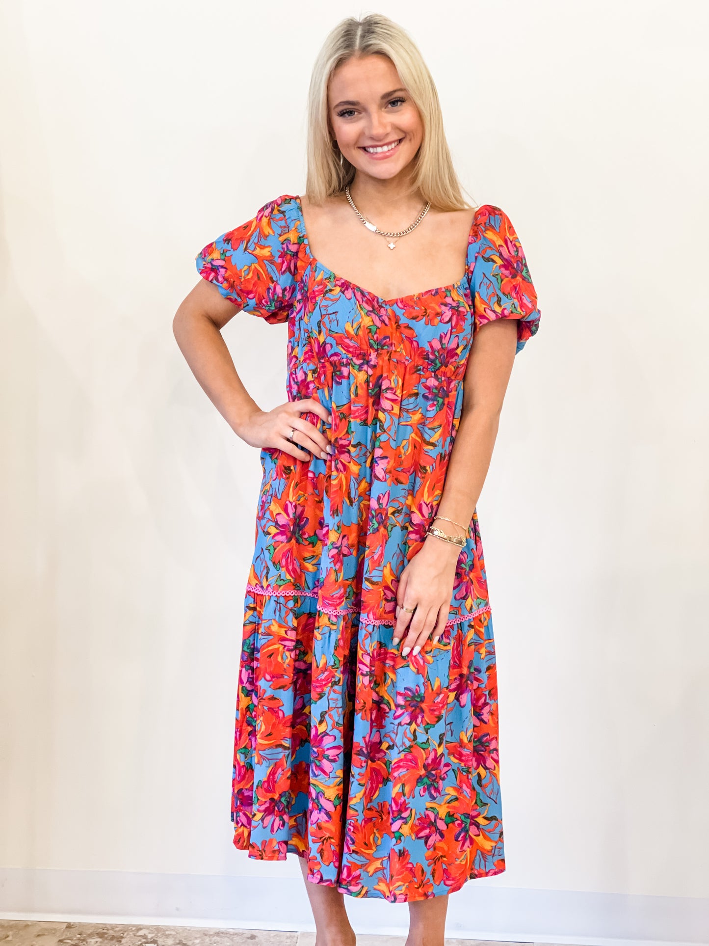 Lost + Wander "Hydra Springs" Midi Dress-Blue Floral