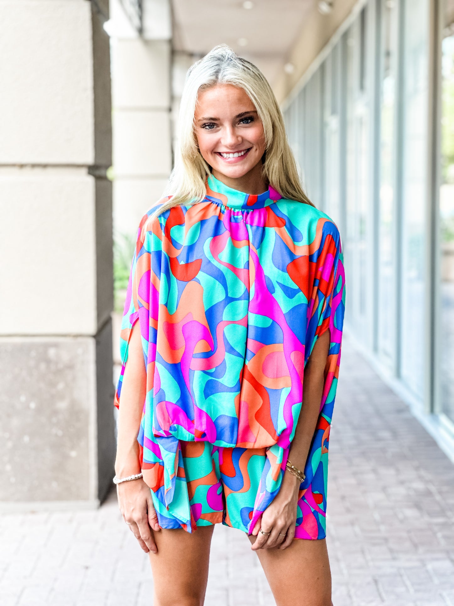 The Greta Print Caftan Hi-Lo Blouse-Turquoise