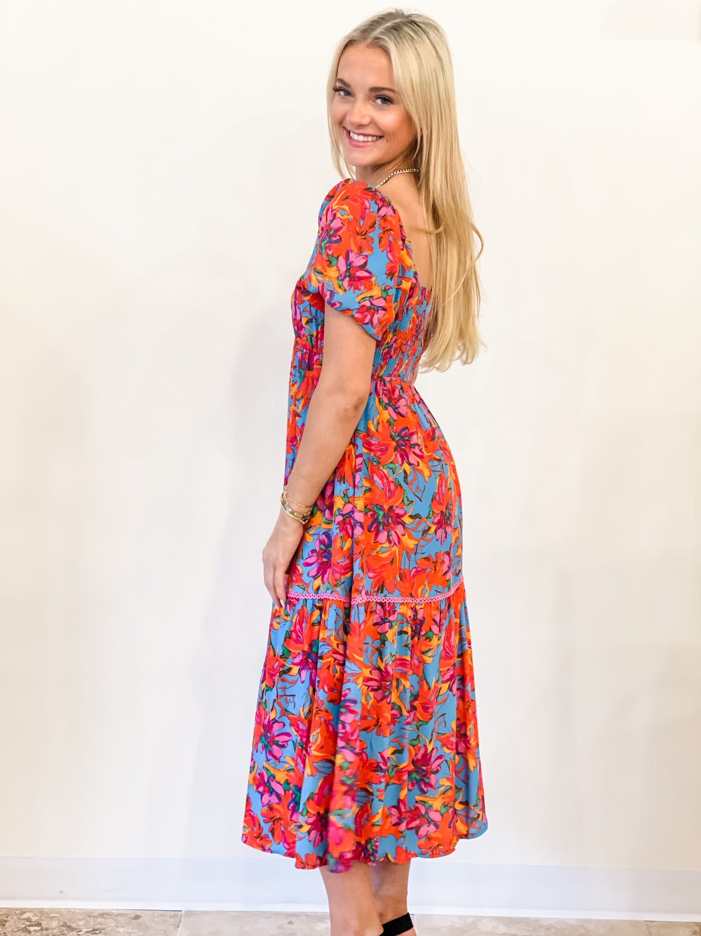 Lost + Wander "Hydra Springs" Midi Dress-Blue Floral