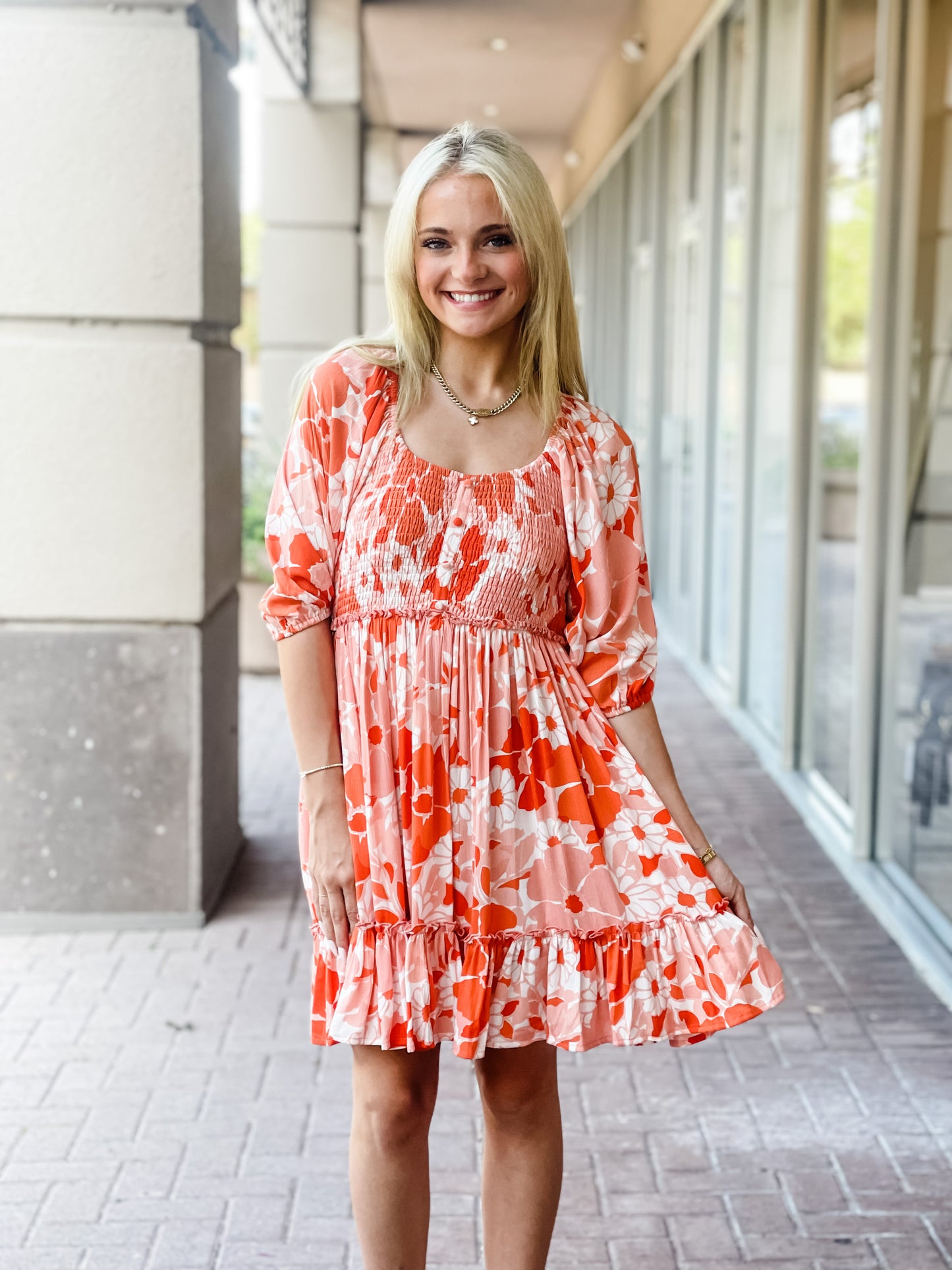 The Gardner Floral Smocked Dress-Coral