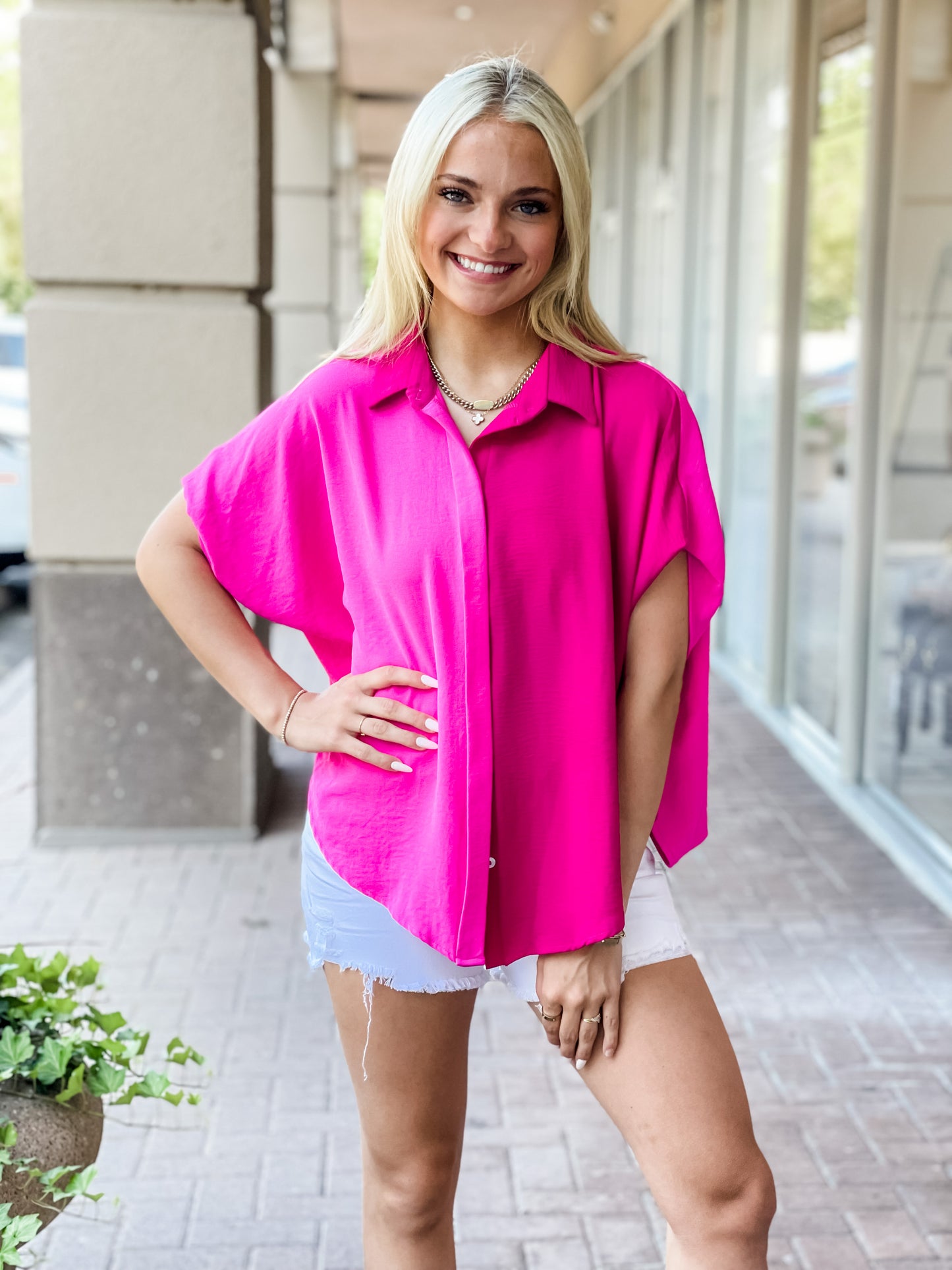 The Torino Button Down Colorblock Top-Fuschia