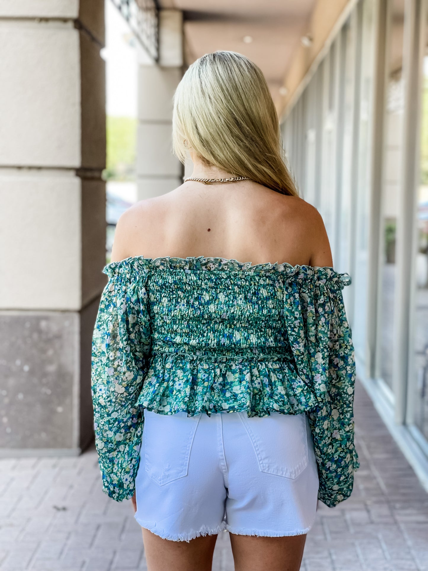 Aureum Claudia Printed Smocked Blouse-Green