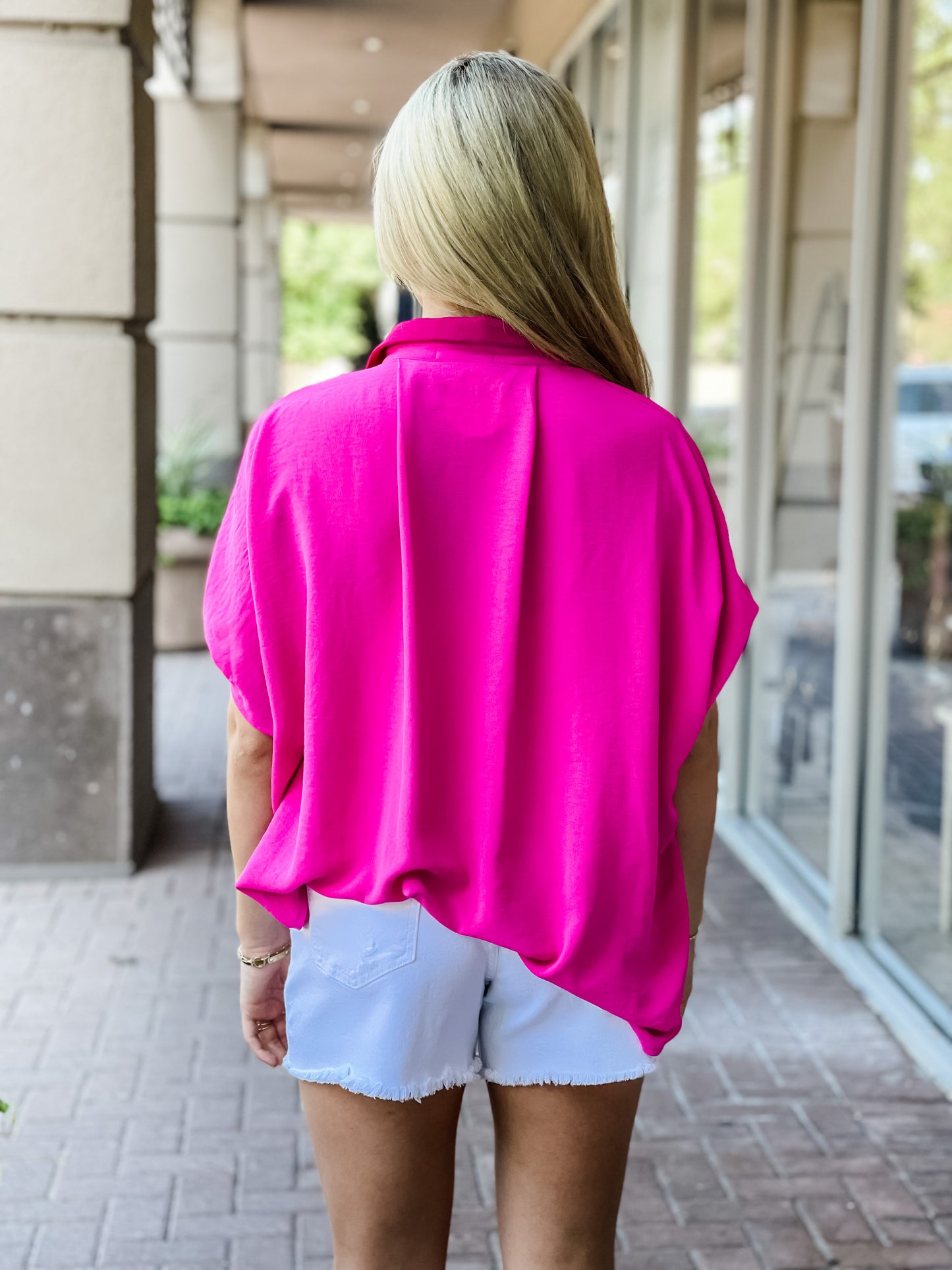 The Torino Button Down Colorblock Top-Fuschia