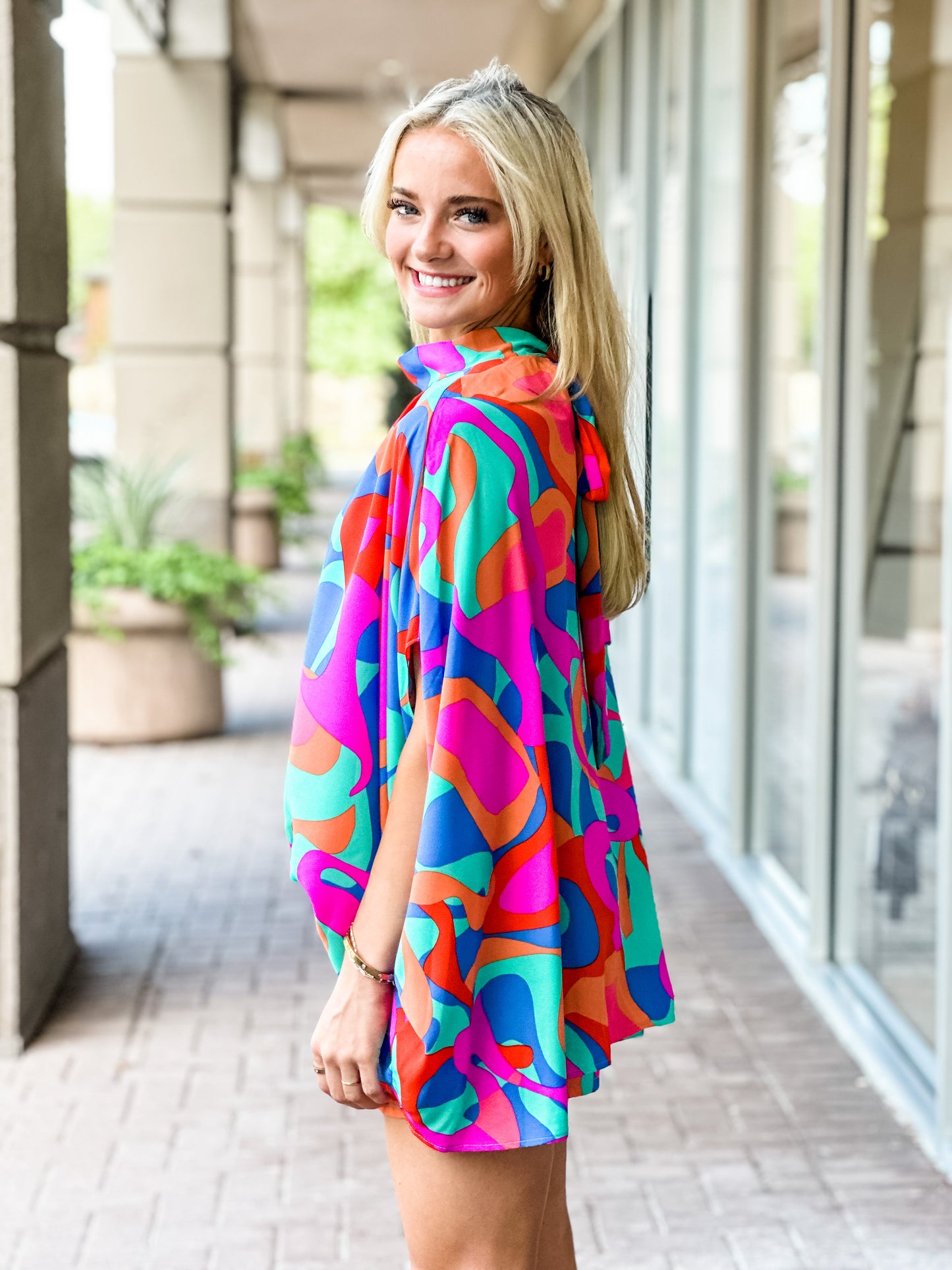 The Greta Print Caftan Hi-Lo Blouse-Turquoise