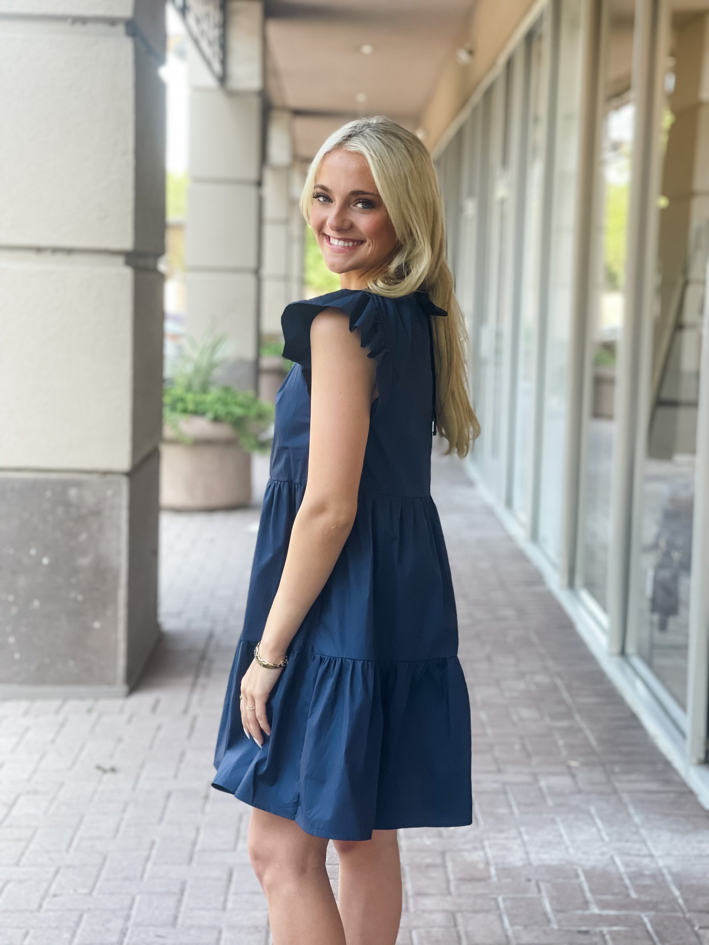 Aureum Mavis Flutter Sleeve Dress-Navy