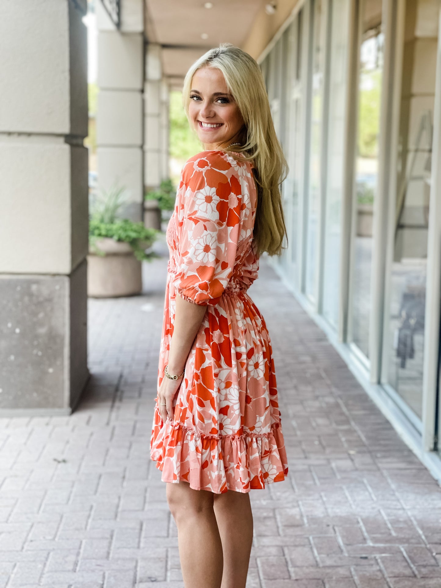 The Gardner Floral Smocked Dress-Coral