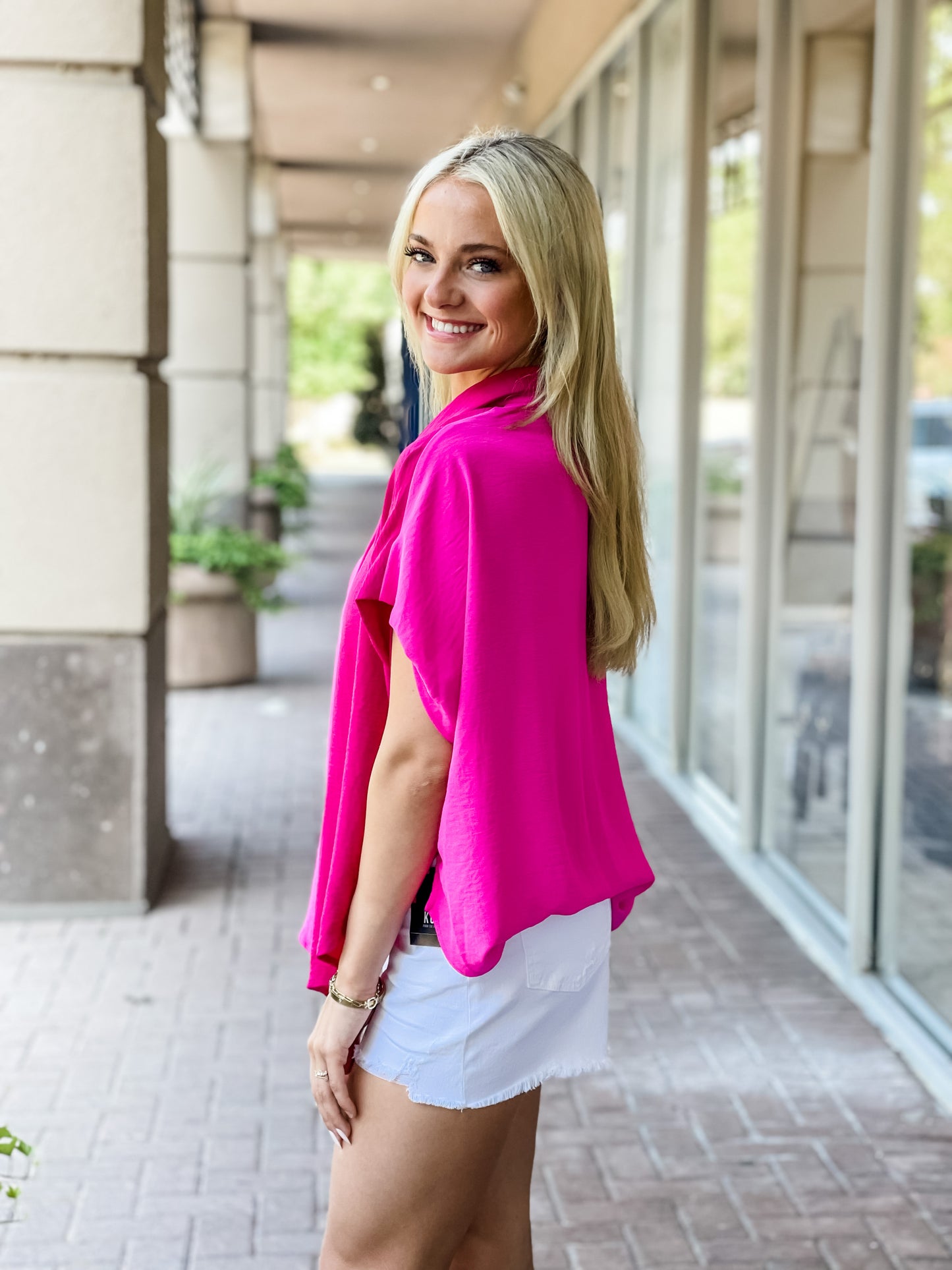 The Torino Button Down Colorblock Top-Fuschia
